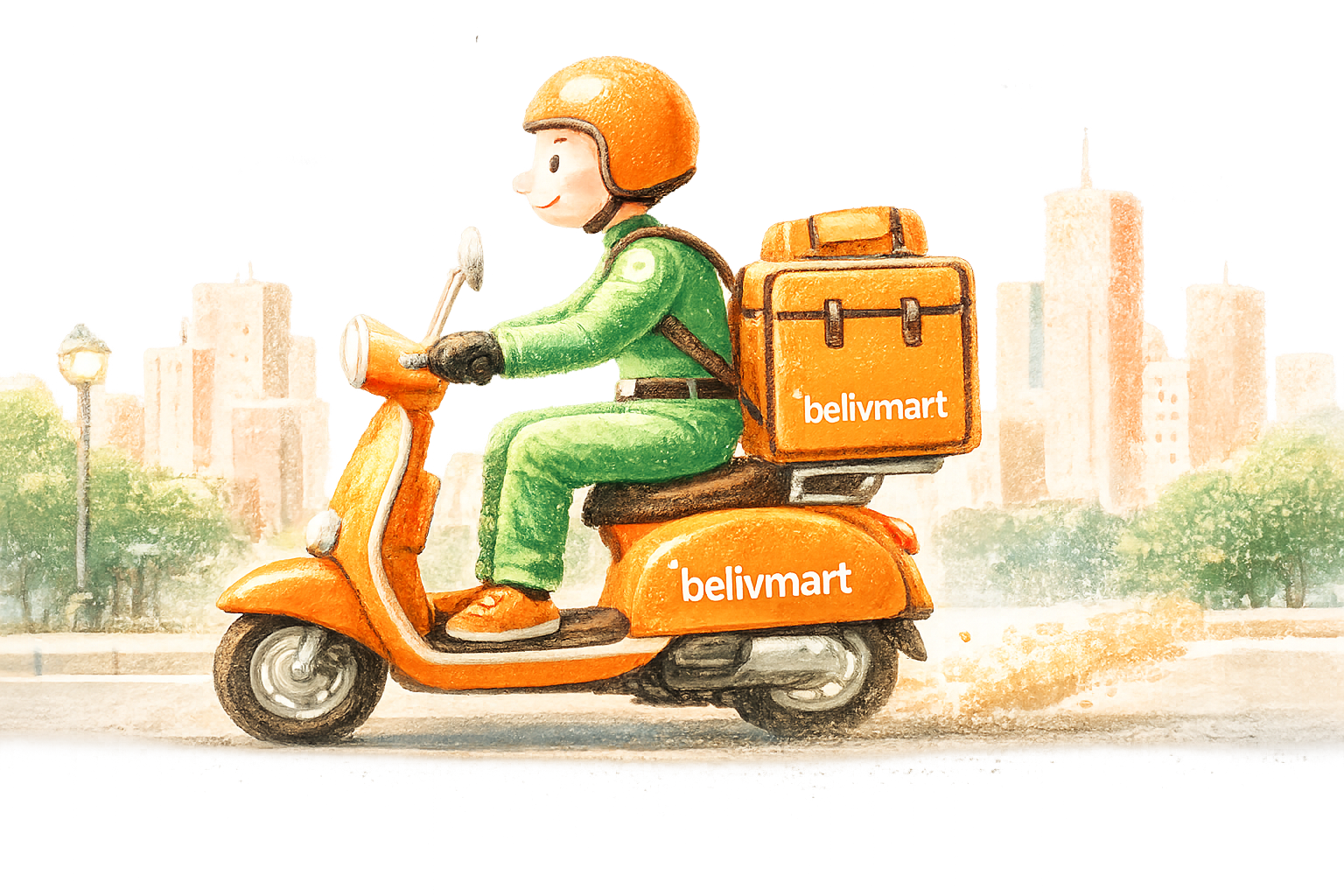 A BelivMart delivery rider on a branded orange scooter, carrying a BelivMart delivery box through the city